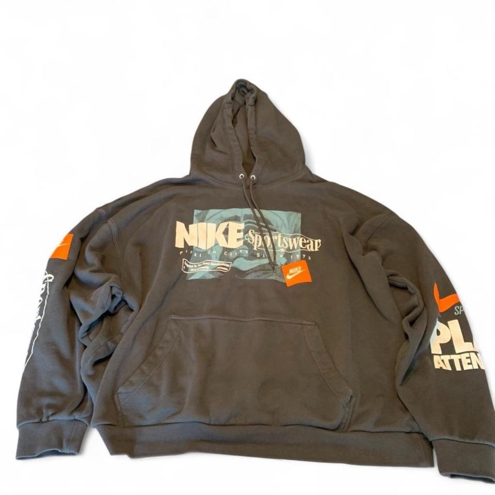 Nike Men’s Charcoal Graphic Hoodie with Orange Accents